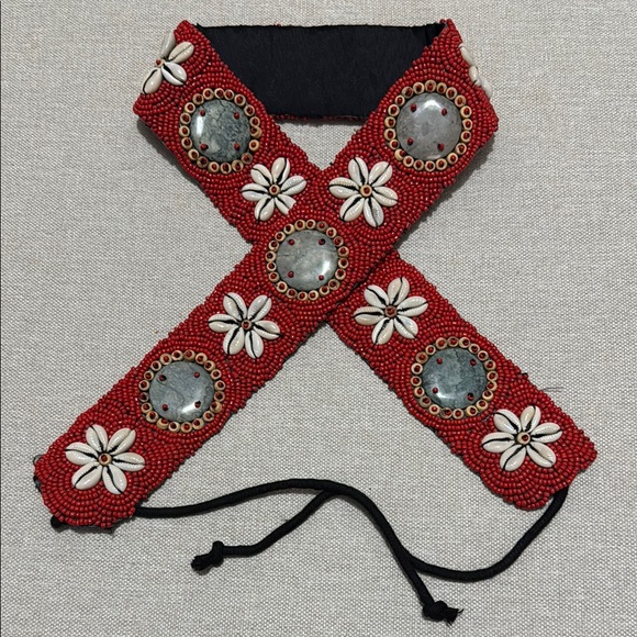 Vintage Belt-Tie On Style-Red Seed Beads/Shell & Stone Accents-Black Backing-EUC - Picture 1 of 16
